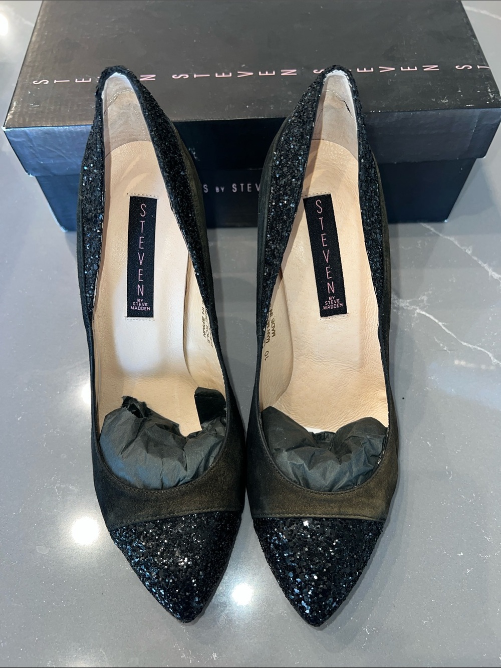 AUTH NIB Steven by Steve Madden Black glitter Stiletto Pumps US 10